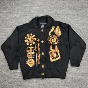 Vintage IB Diffusion Mohair Sweater Women Medium Black Cardigan Beaded Geometric